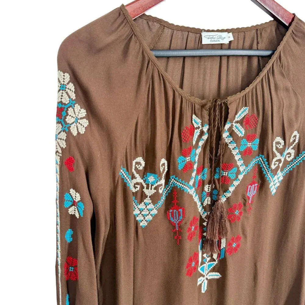 Tasha Polizzi Collection Womens Medium Brown Embroidered Blouse Shirt Top - Picture 4 of 8